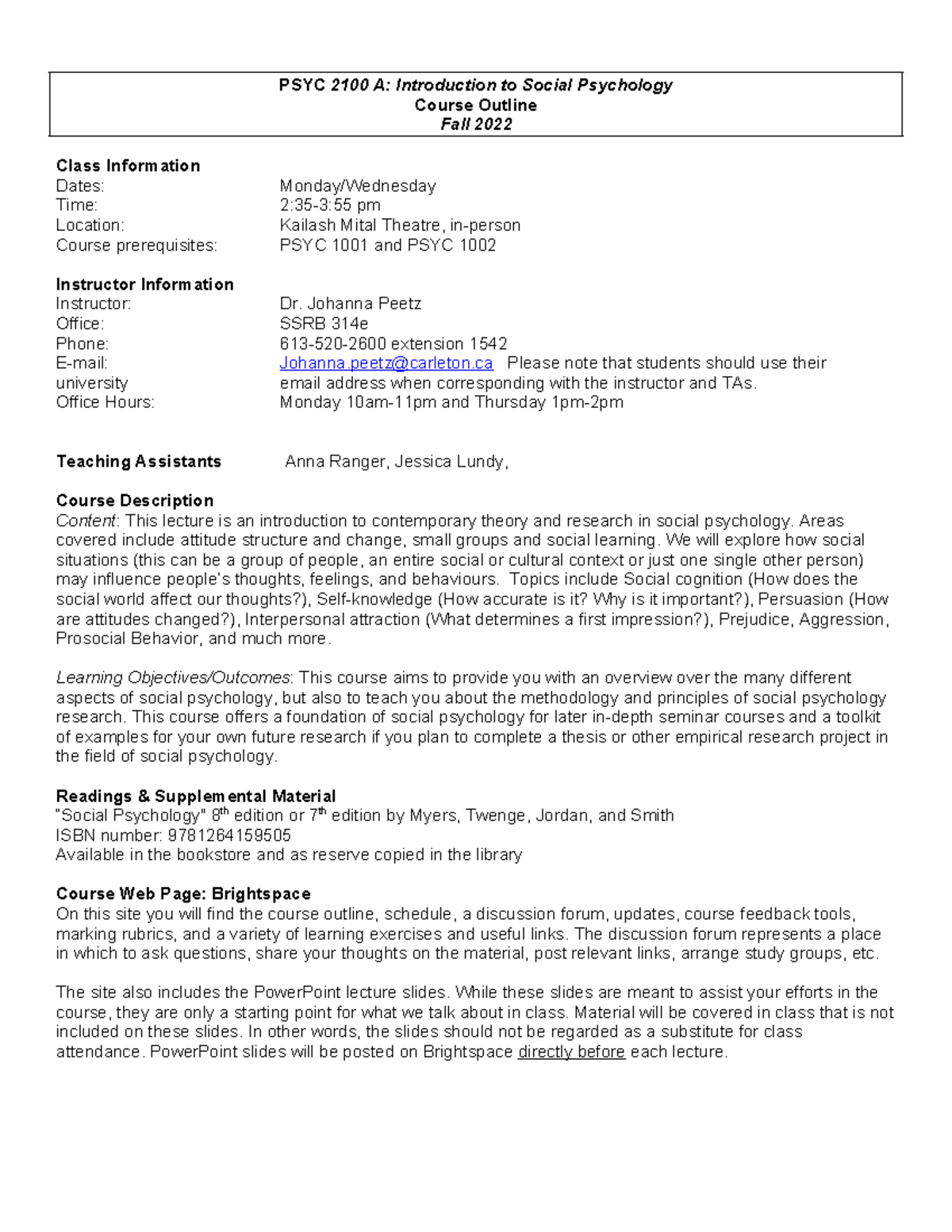 Course Outline PSYC 2100: Introduction to Social Psychology (Fall 2022 ...