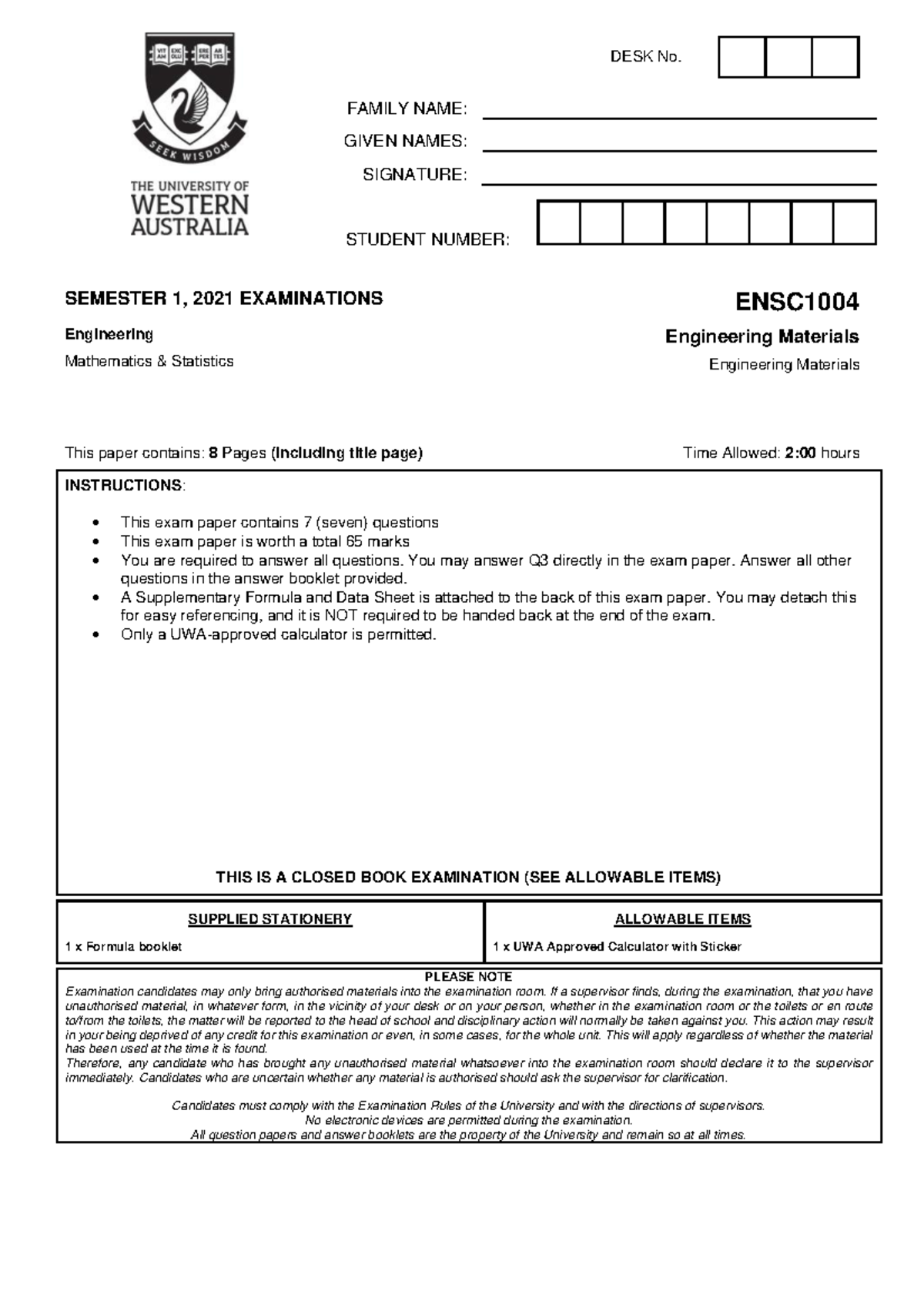 ENSC1004 S1 2021 Engineering Materials Final Exam Questions - Studocu