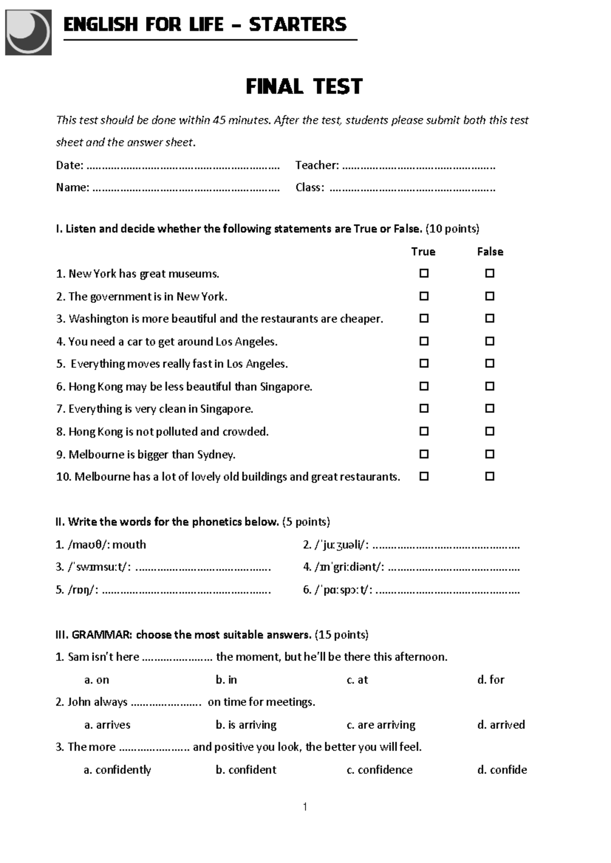 Final Test Paper: Listening, Grammar, and Vocabulary Exercises - Studocu