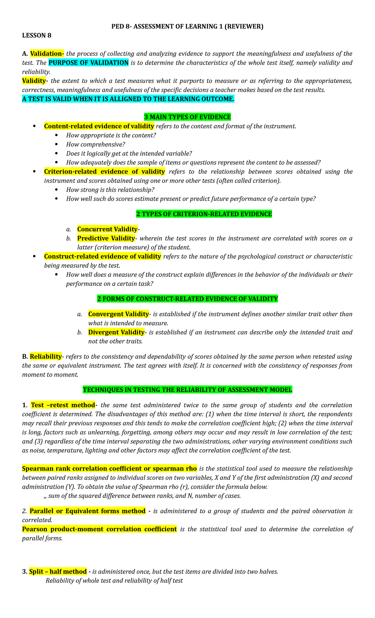 PED 8 - Reviewer for Finals: Assessment of Learning Concepts - Studocu