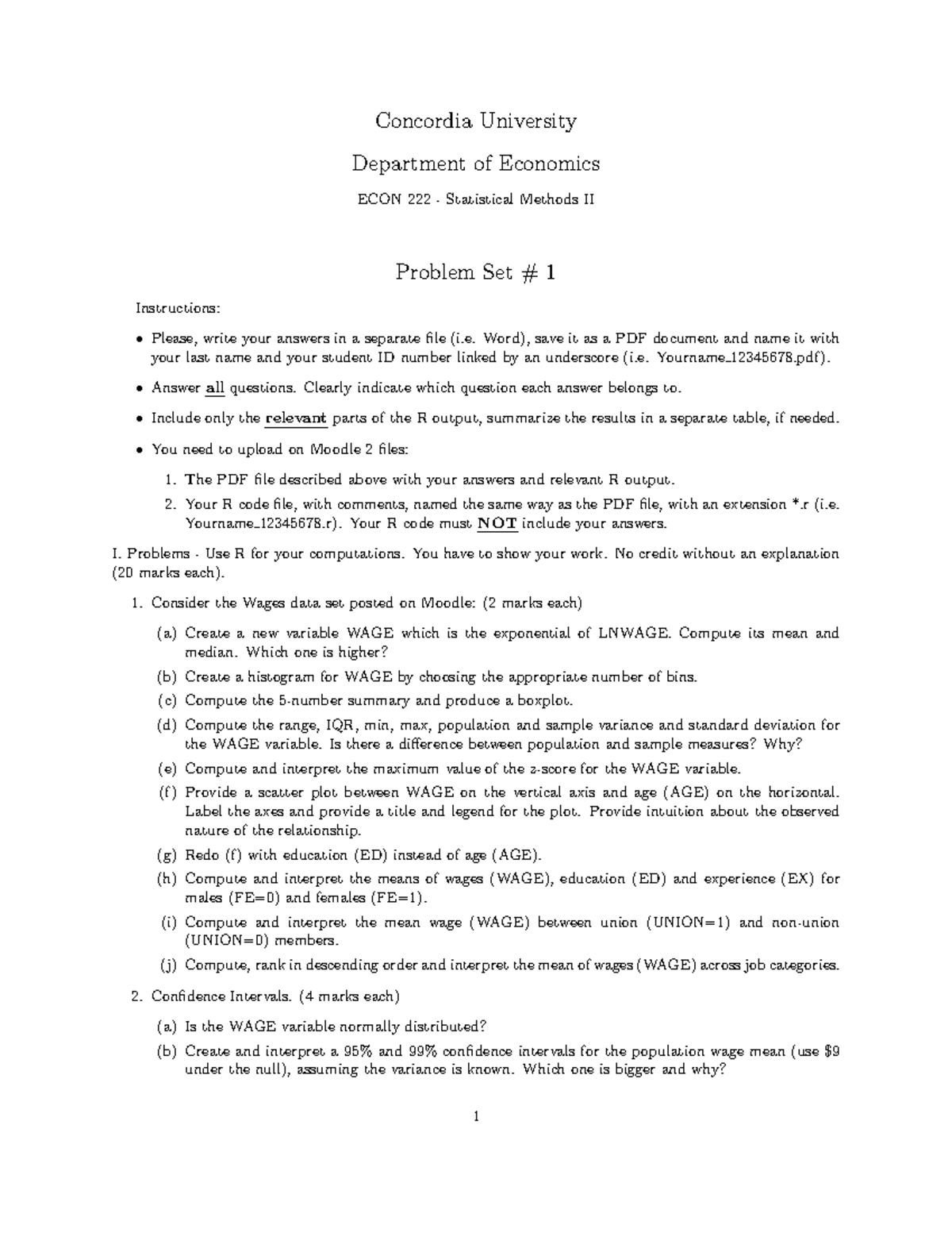 ECON222 Statistical Methods II Problem Set 1 Instructions and ...