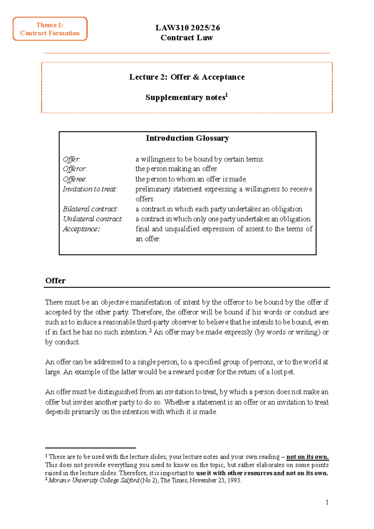 LAW310 2025/26 Contract Law Lecture 2: Offer & Acceptance Notes - Studocu