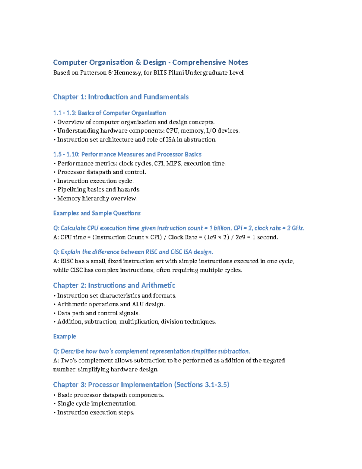 Computer Organisation Design Notes for BITS Pilani: Chapters 1-6 ...