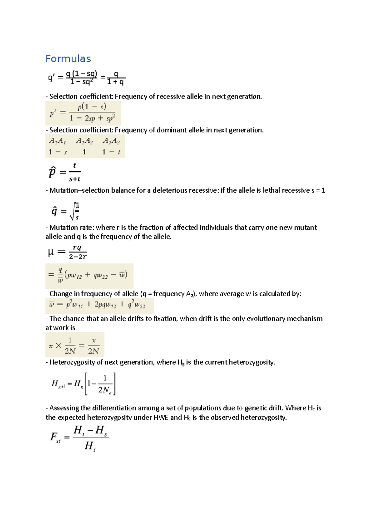 Genetics Formulas for Understanding Selection and Mutation Dynamics ...