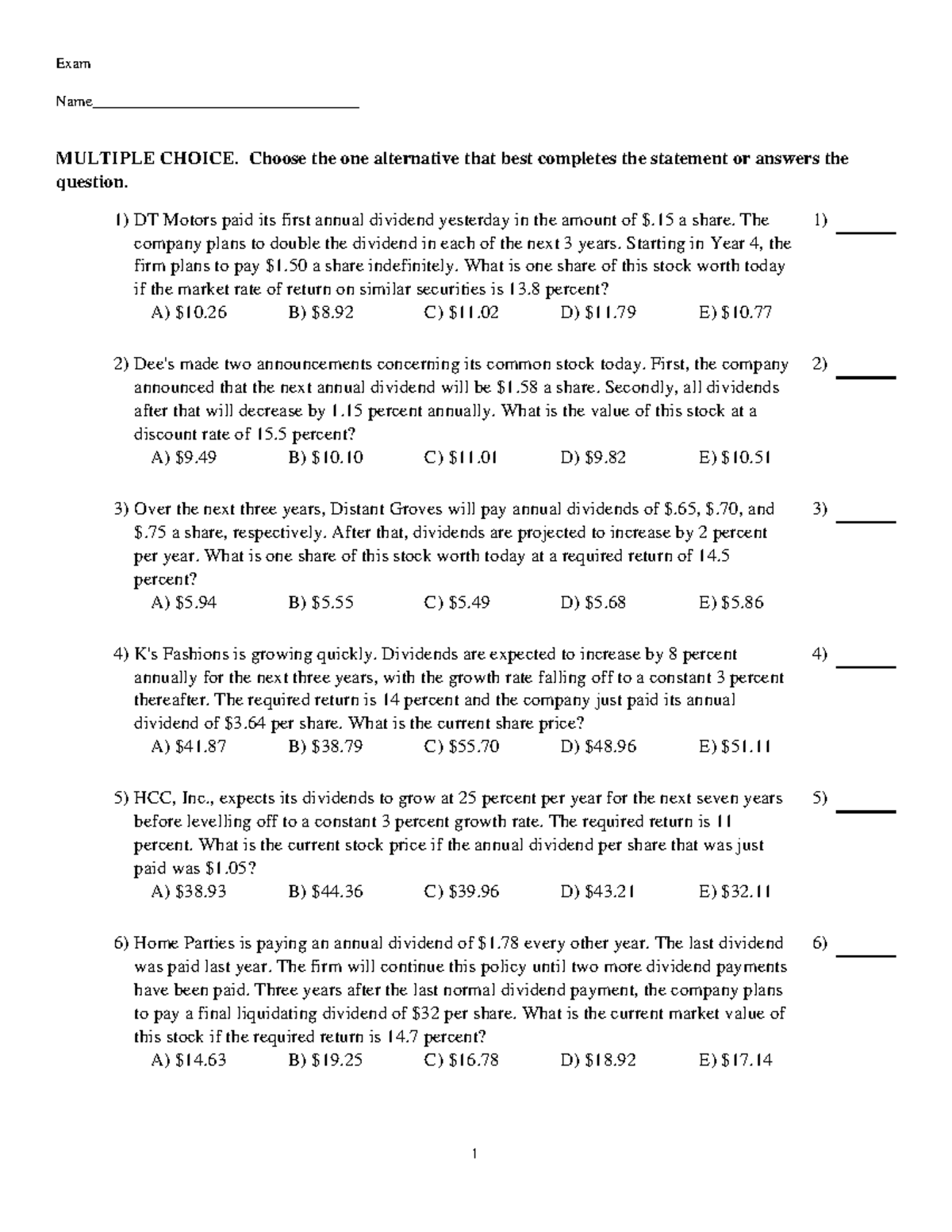 Chapter 8 Quiz - Exam Multiple Choice on Stock Valuation - Studocu