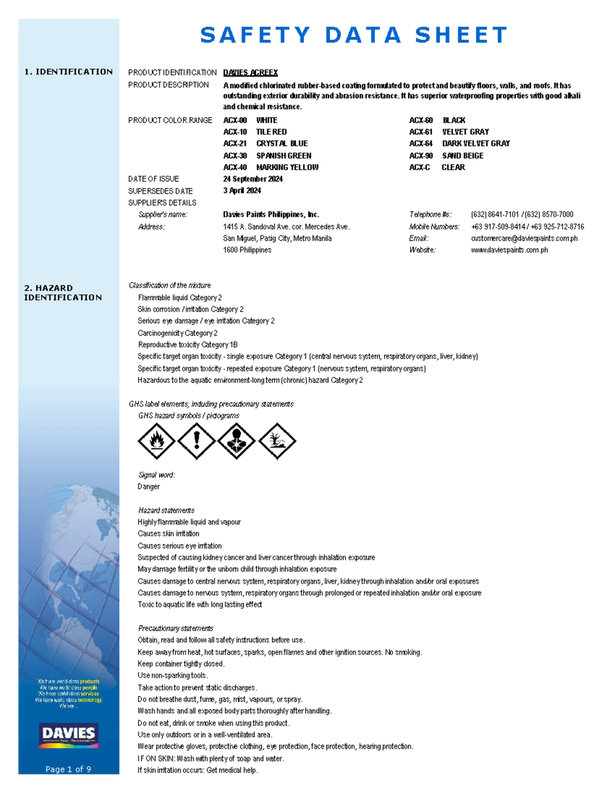 Davies Acreex Standard Colors Safety Data Sheet (SDS) - Studocu