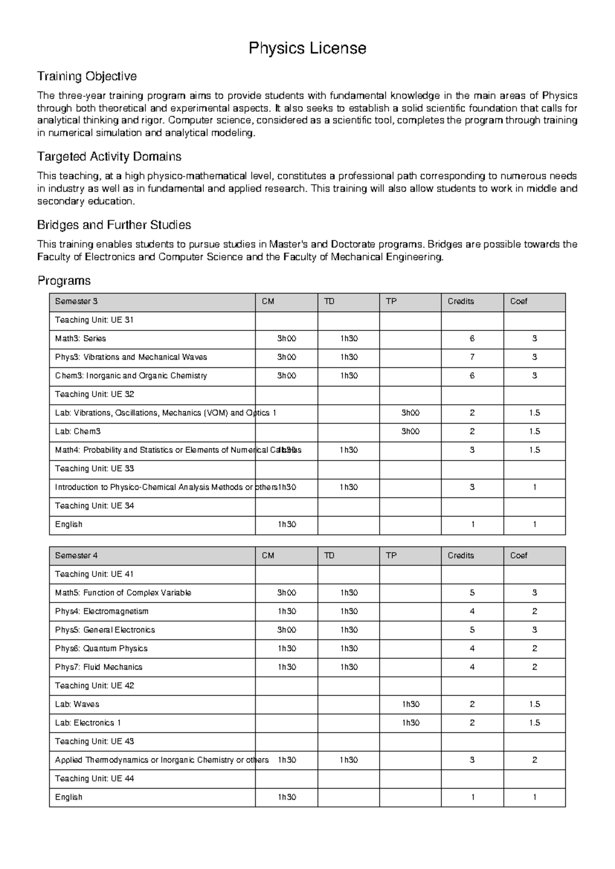 Physics License Training Objectives and Course Structure - Studocu