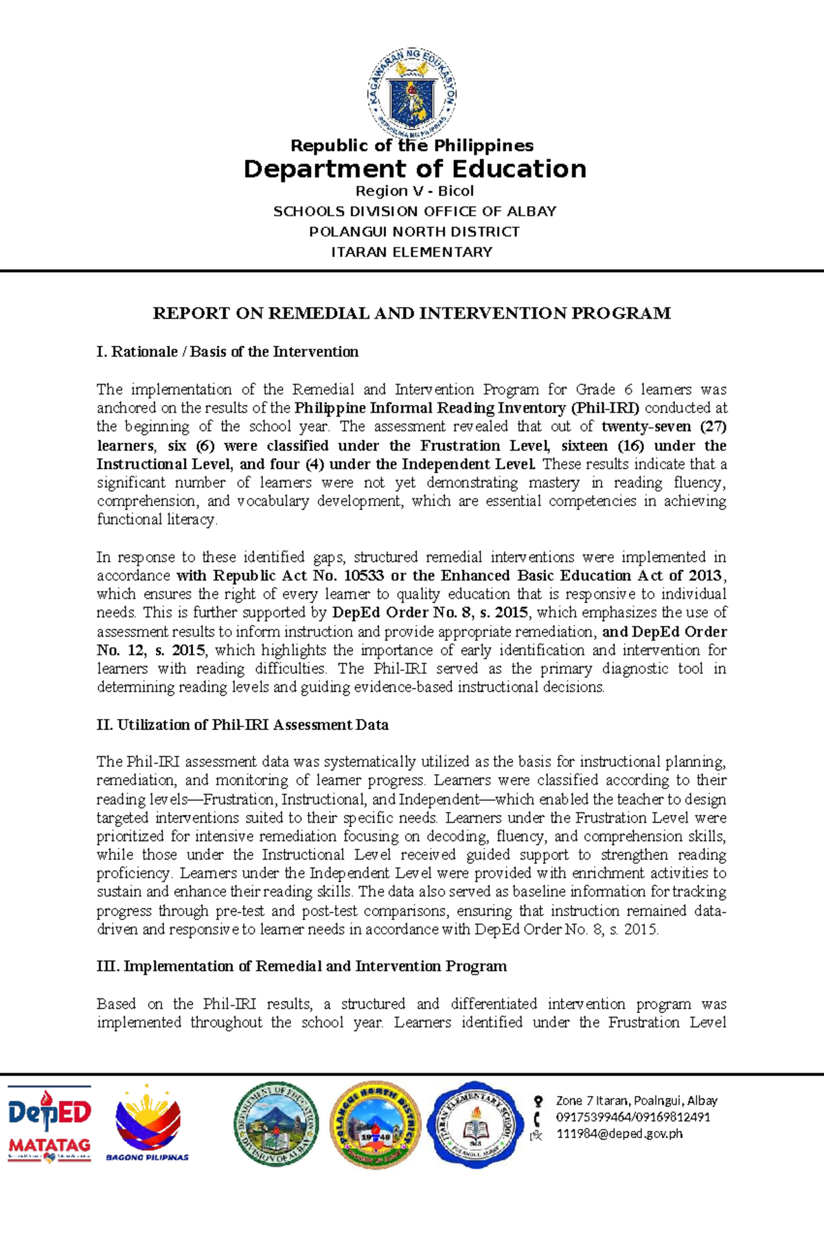 Report on Remedial and Intervention Program for Grade 6 Learners - Studocu
