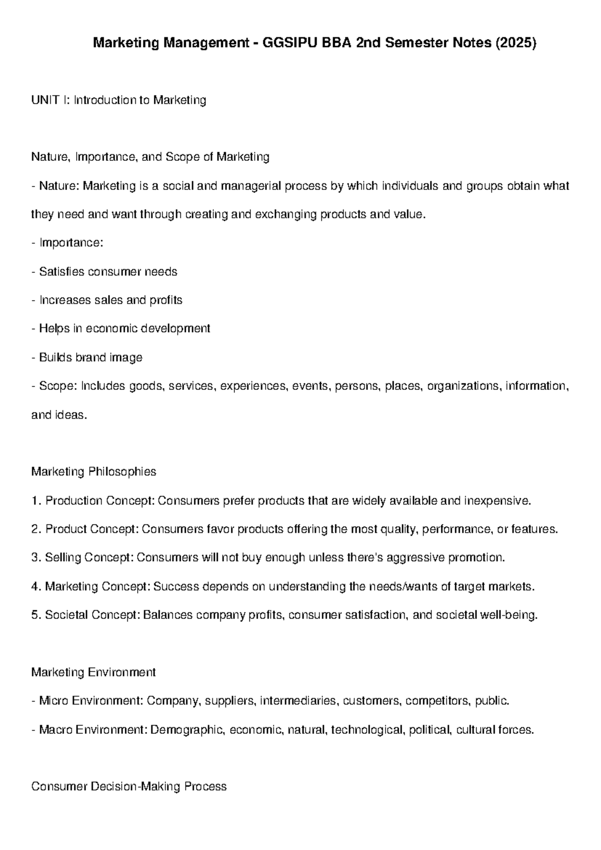 Marketing Management Notes GGSIPU BBA 2025 - 2nd Sem Overview - Studocu