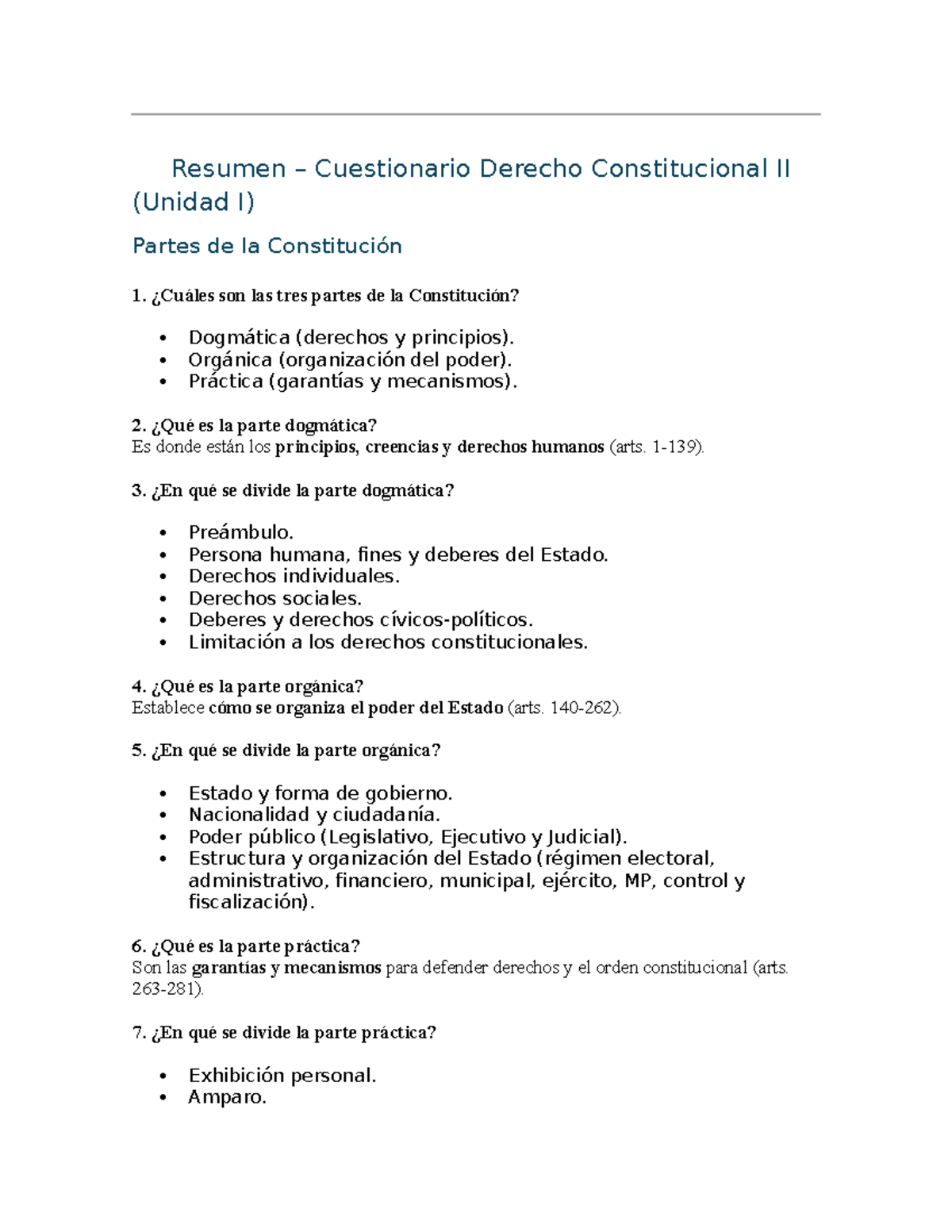 Resumen Cuestionario Derecho Constitucional II - Partes de la ...