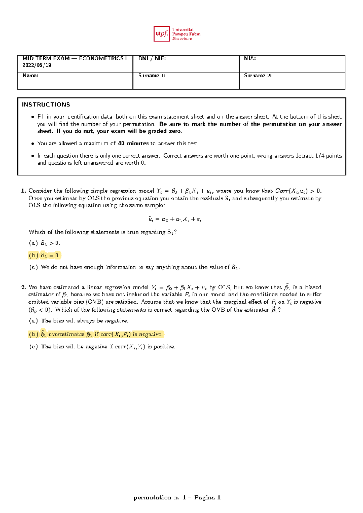 Midterm Exam in Econometrics I (ECON 101) - Answers Included - Studocu