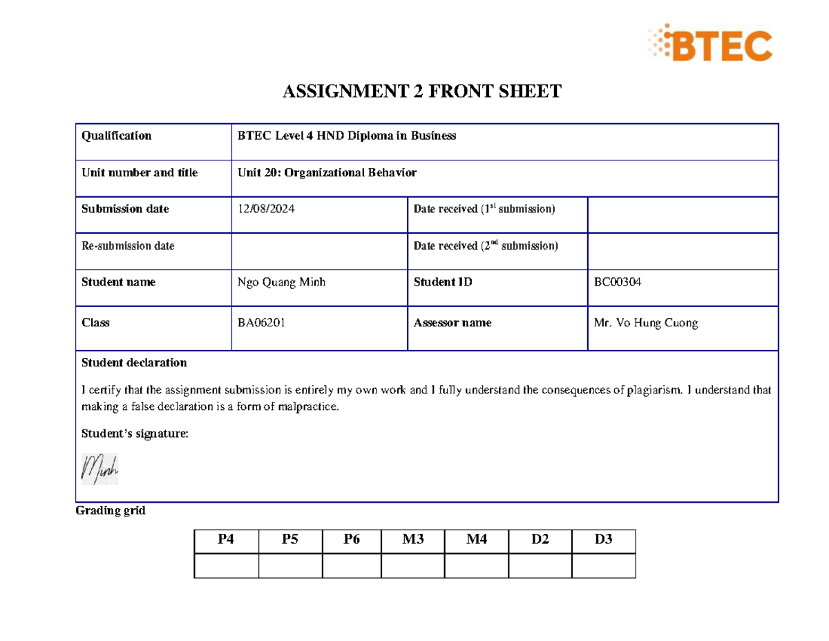 Minhnqbc 00304 OB ASM2 - Organizational Behavior Analysis at FPT - Studocu