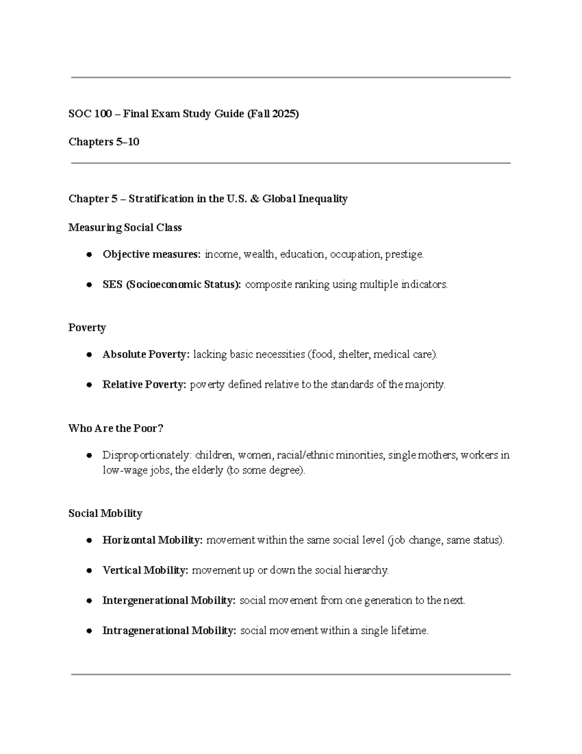 SOC 100 Final Exam Study Guide (Fall 2025): Stratification & Inequality ...