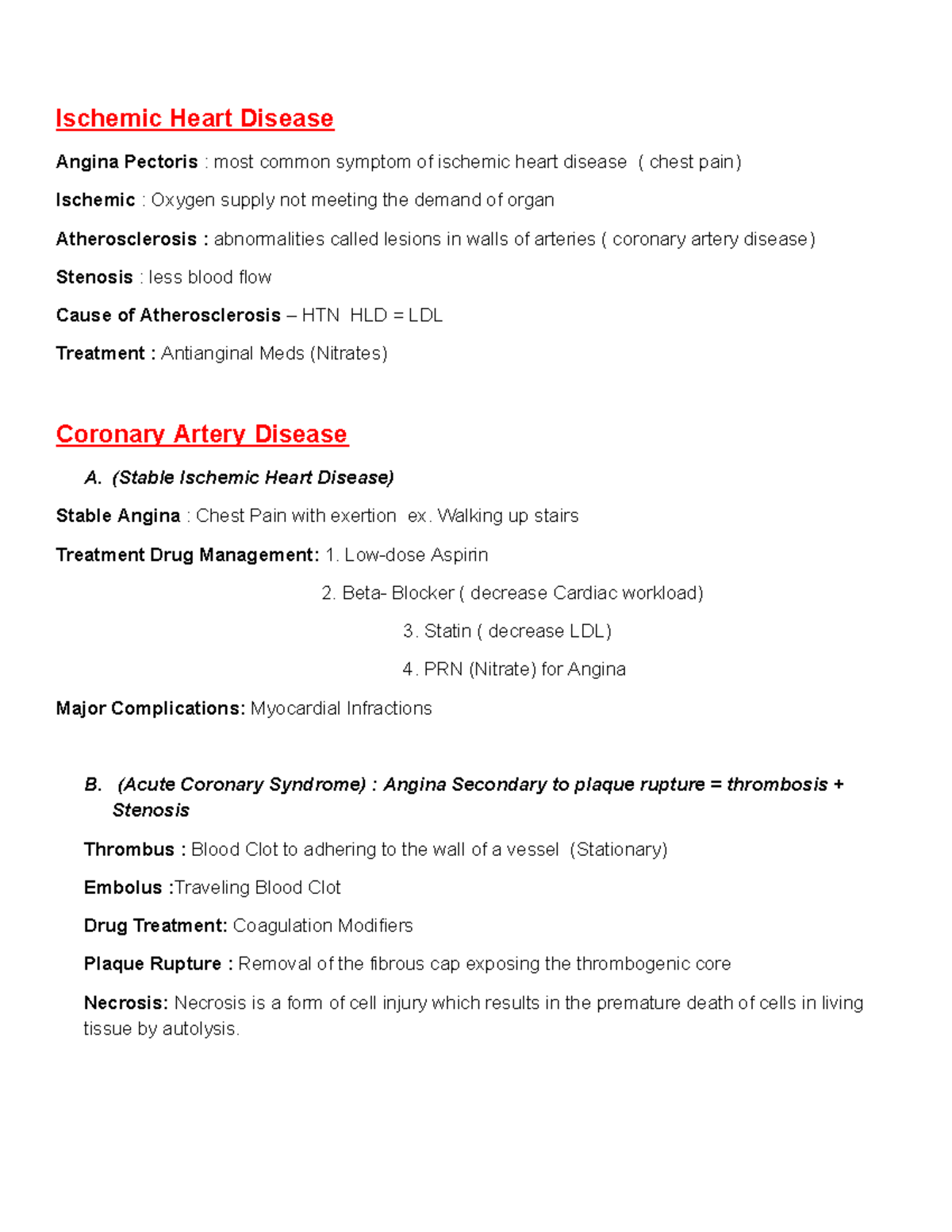Week 8 Lecture Notes: Ischemic Heart Disease & Coronary Artery Disease ...