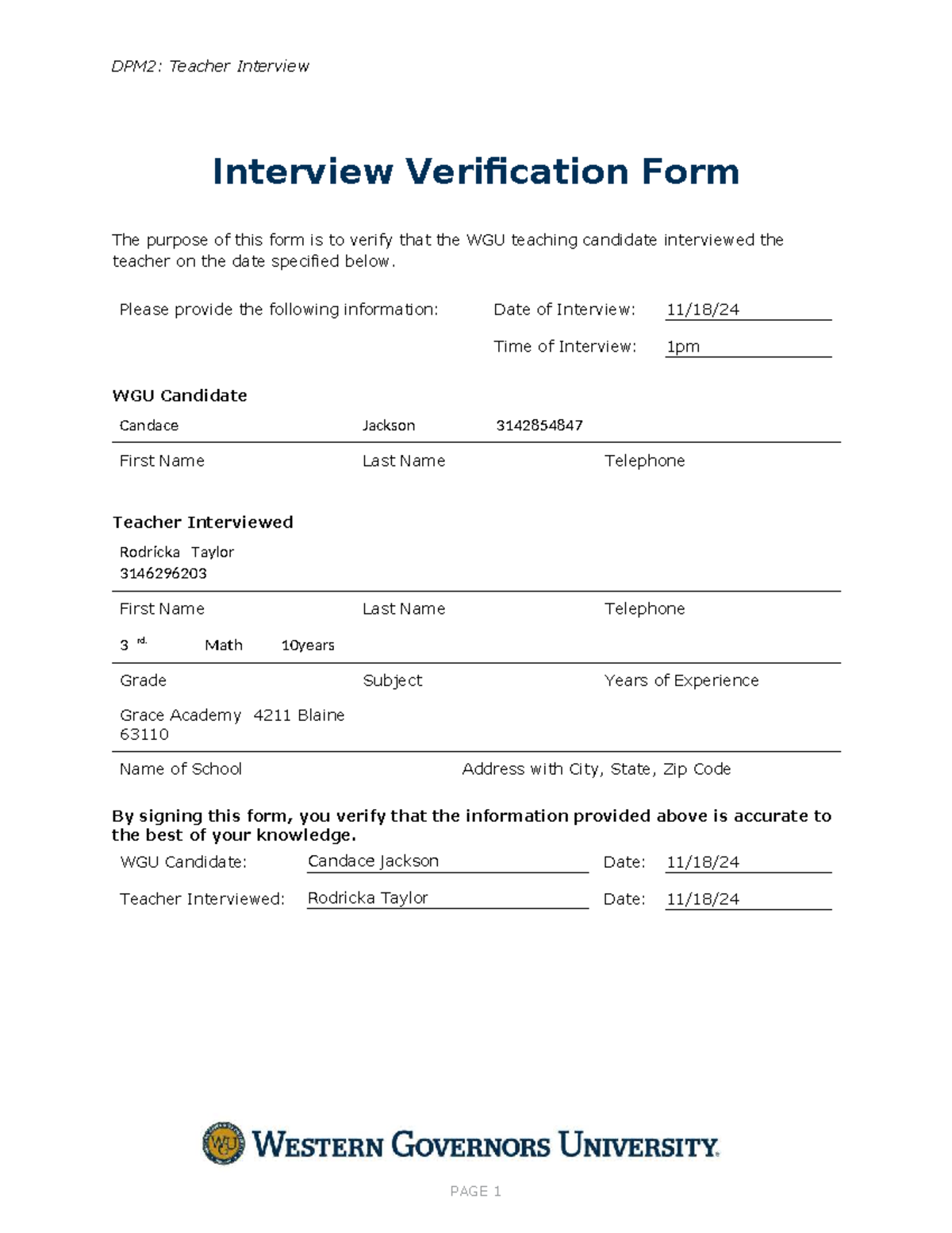 Interview Verification Form - DPM2: Teacher Interview Interview ...