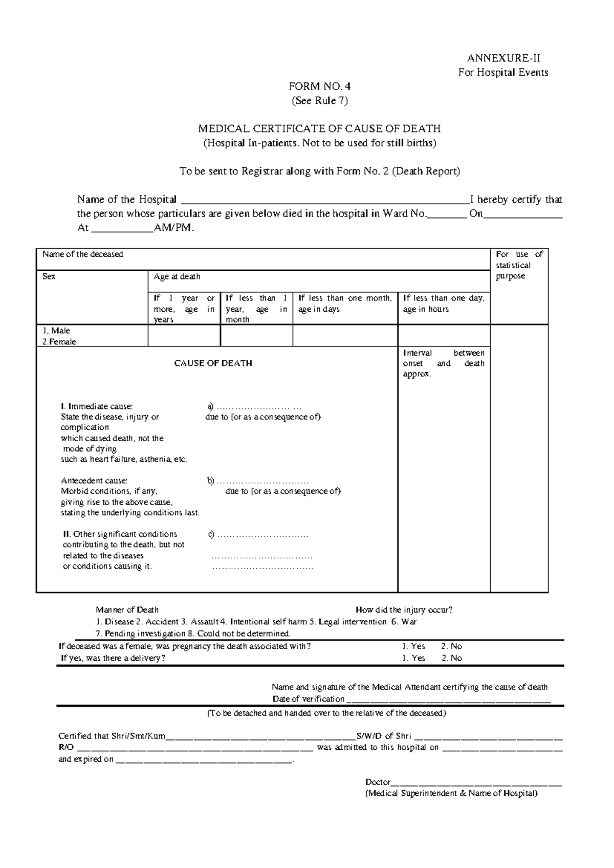 Medical Certificate of Cause of Death - FORM NO. 4 (FMT Prelims) - Studocu