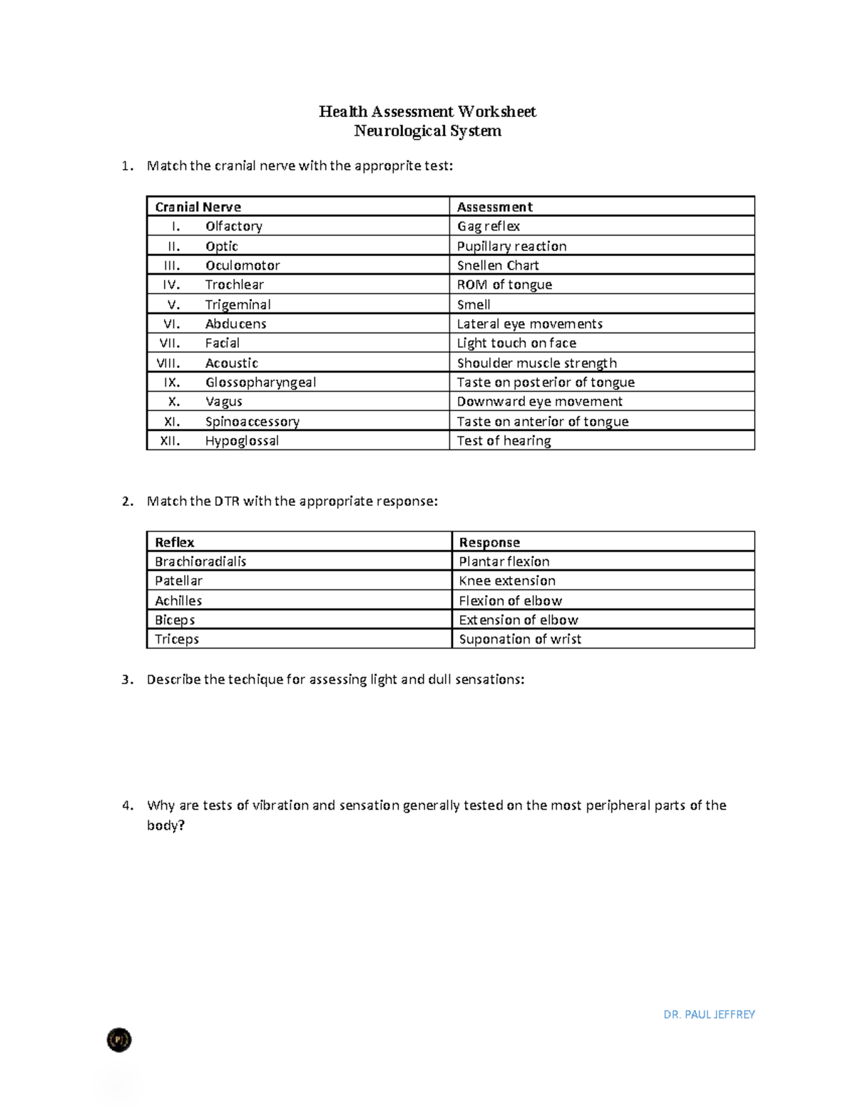 Neuro System Health Assessment Worksheet - DR. PAUL JEFFREY Health ...