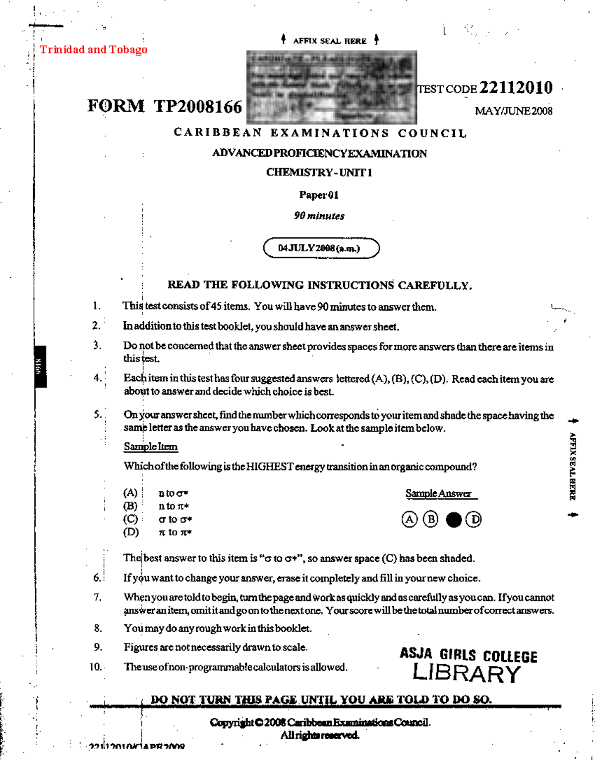 CAPE Chemistry 2008 U1 P1 Exam Instructions and Sample Questions - Studocu
