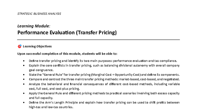 SBA Learning Module-Transfer Pricing - Learning Module: Performance ...