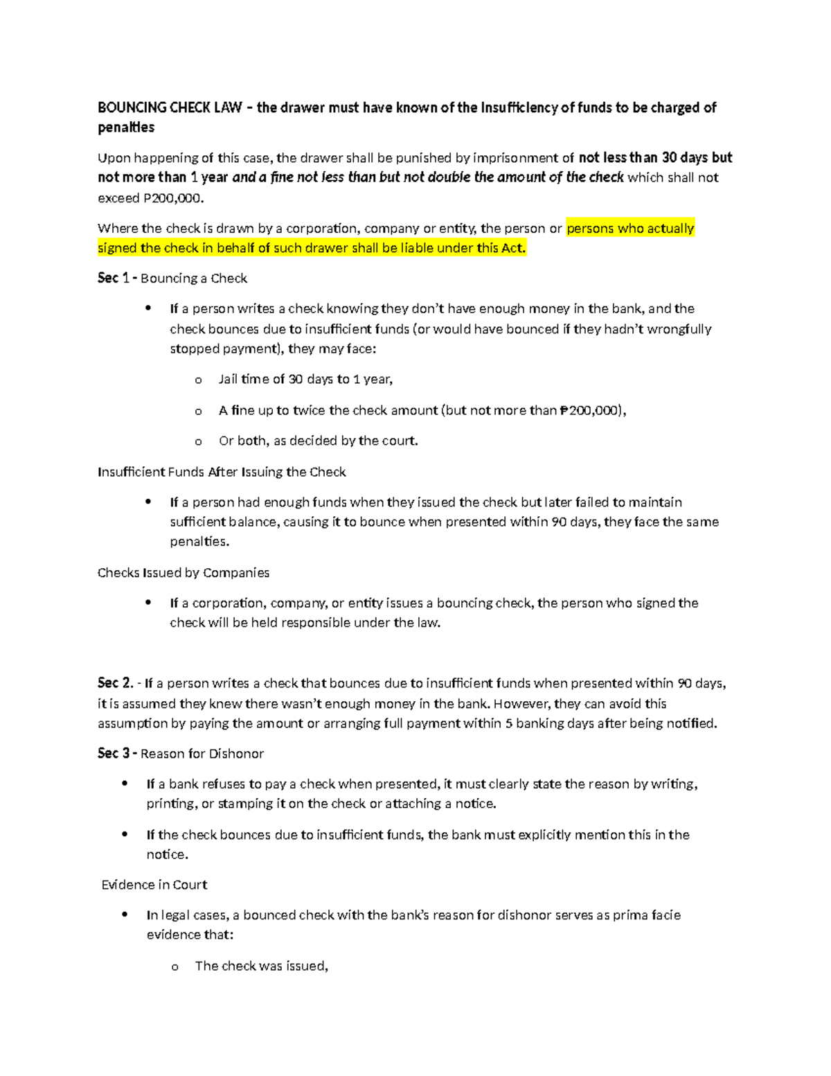 Bouncing Check LAW - =========== - BOUNCING CHECK LAW – the drawer must ...