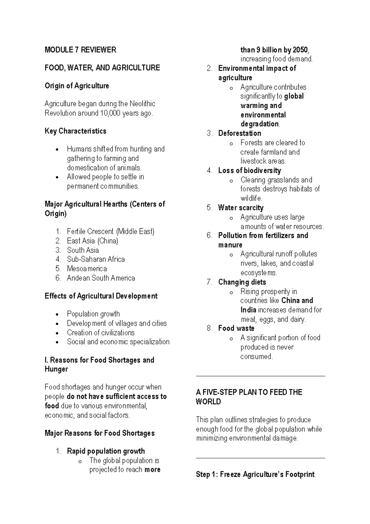 Module 7, 8, 9 Reviewer: Food, Water, Agriculture & Urban Geography ...