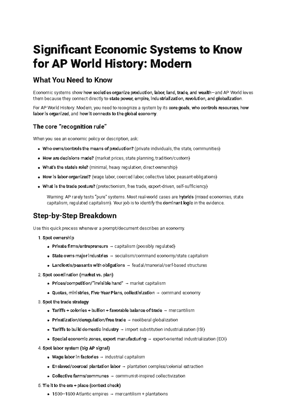 Significant Economic Systems Overview for AP World History: Modern ...