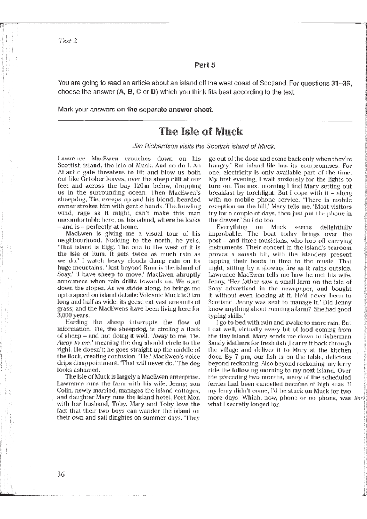 FCE 1 Test 2 - Reading Comprehension on the Isle of Muck - Studocu