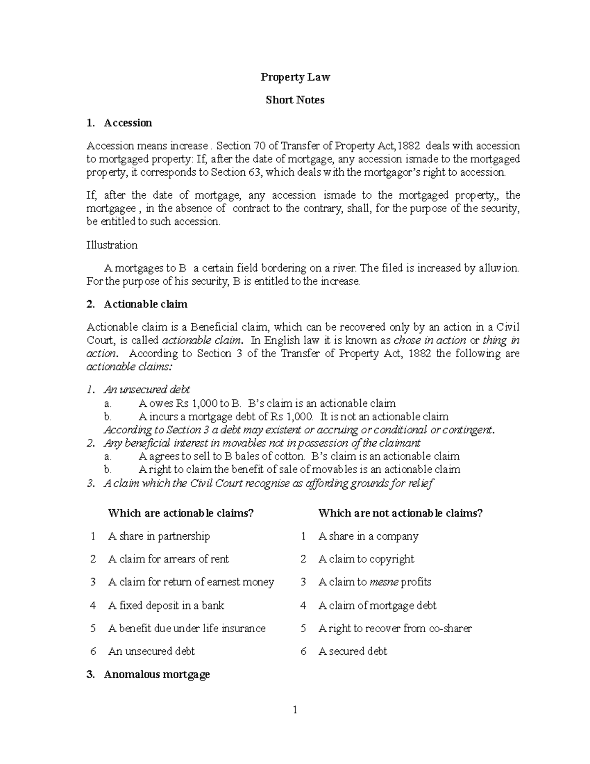 Property Law Notes: Key Concepts and Sec. Provisions (TP Act) - Studocu