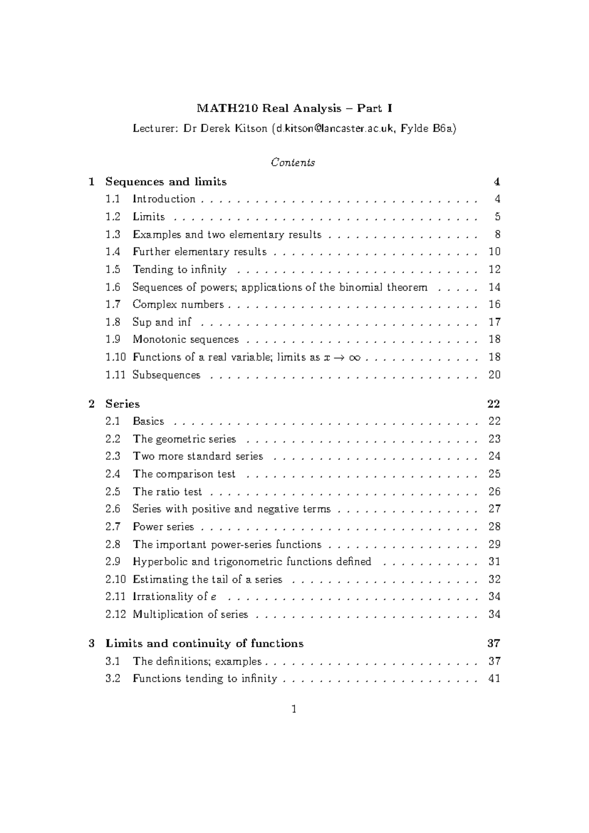 Math210 Notes Dk Part I Math210 Real Analysis Part I Lecturer Dr