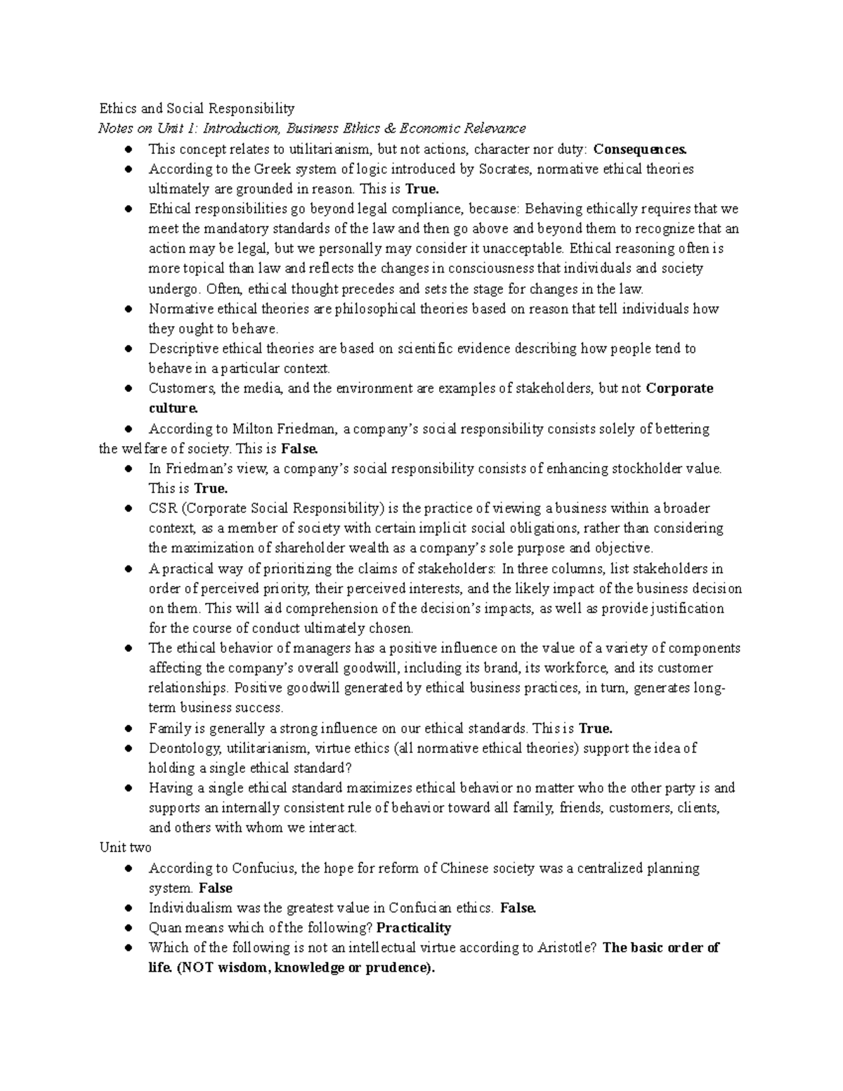 Notes on PHIL 1404 - Ethics and Social Responsibility Notes on Unit 1 ...