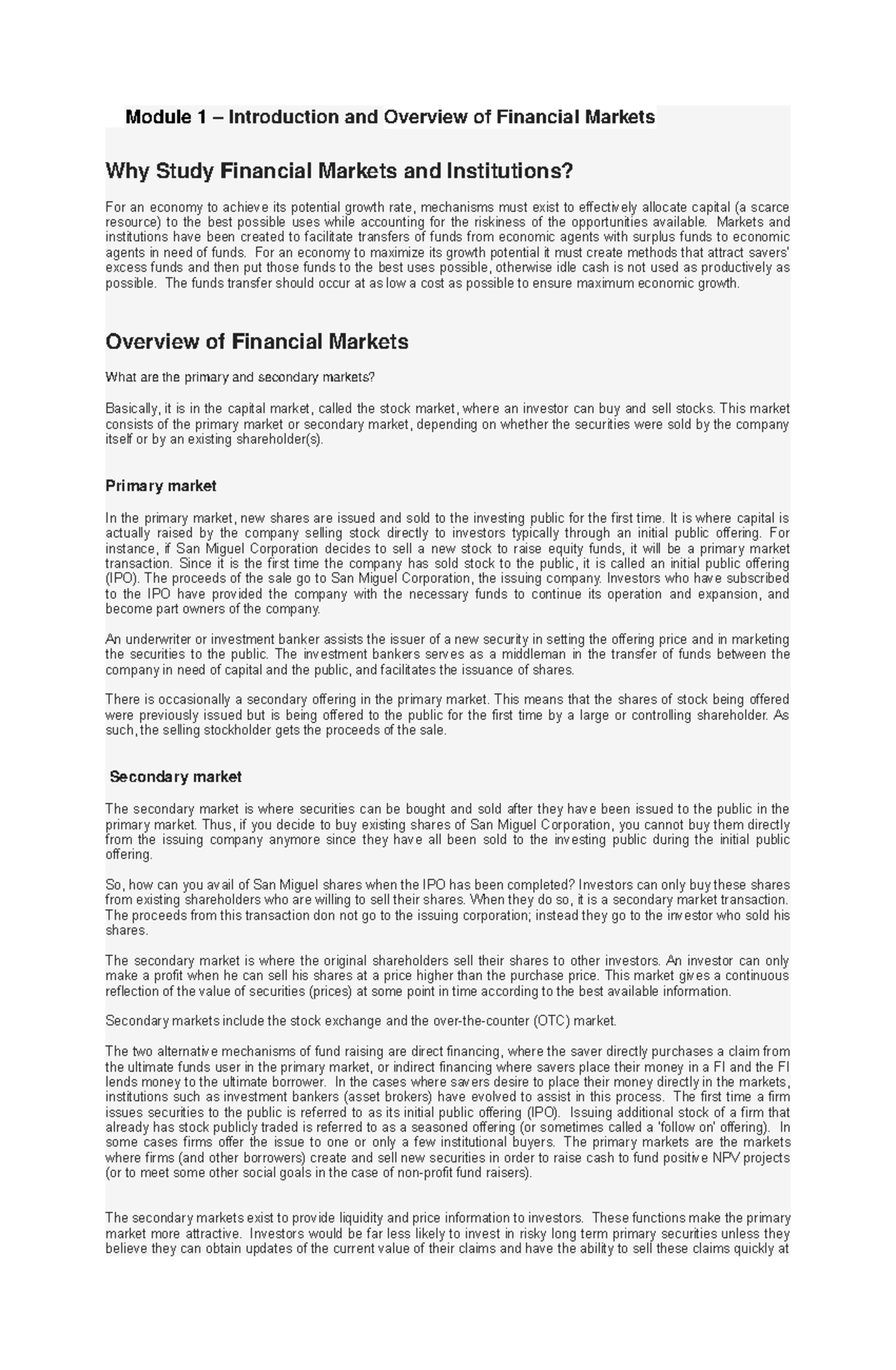 Introduction to Financial Markets and Institutions - FIN101 Module 1 ...