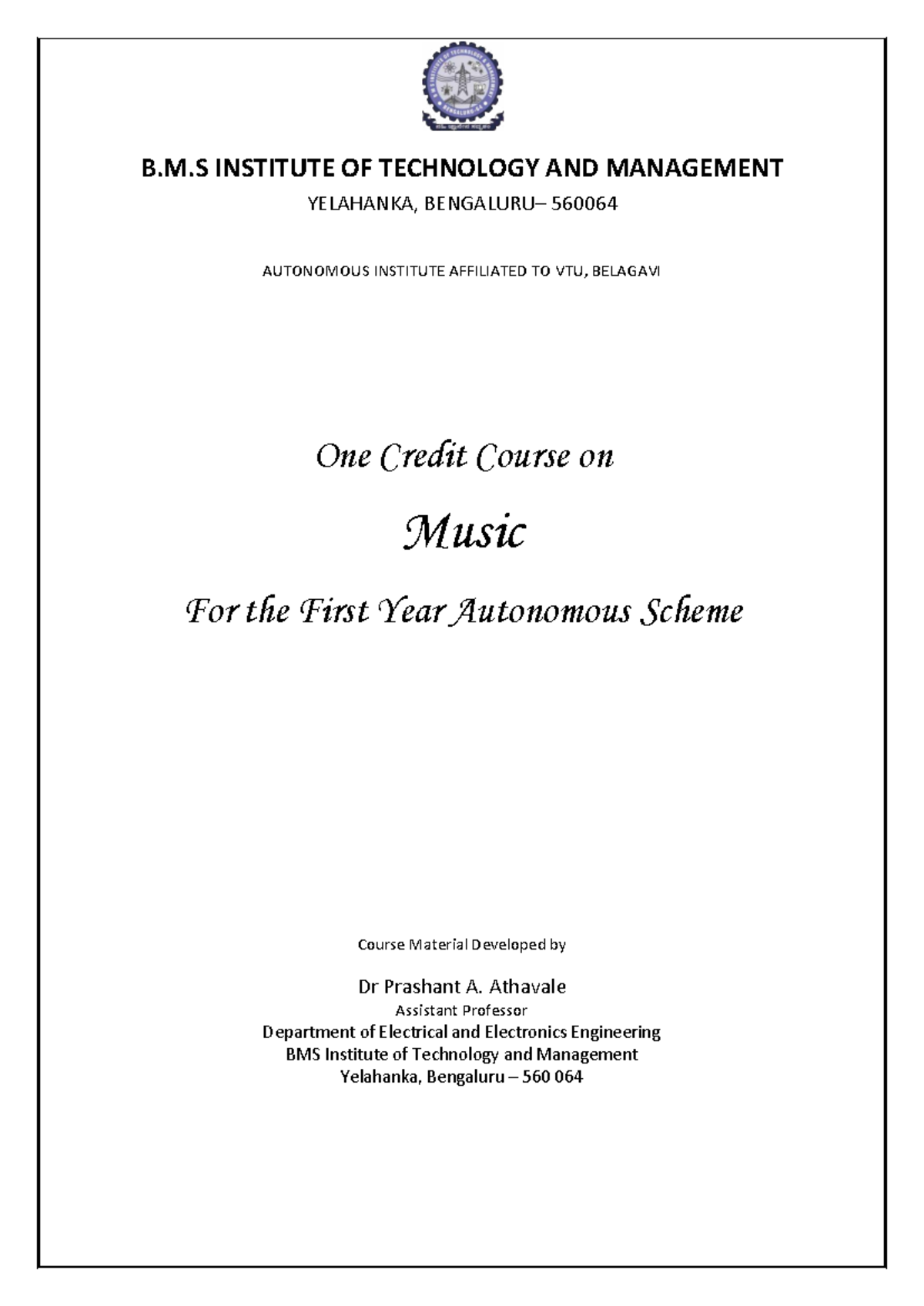 Music Course Material for 1 Credit Course - BMSITM-2 - Studocu