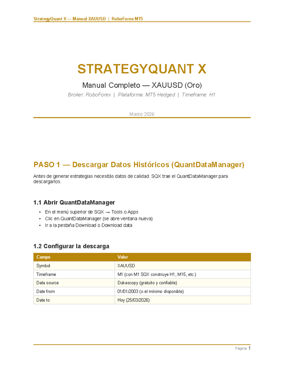 StrategyQuant X Manual: XAUUSD RoboForex MT5 Guide - Studocu