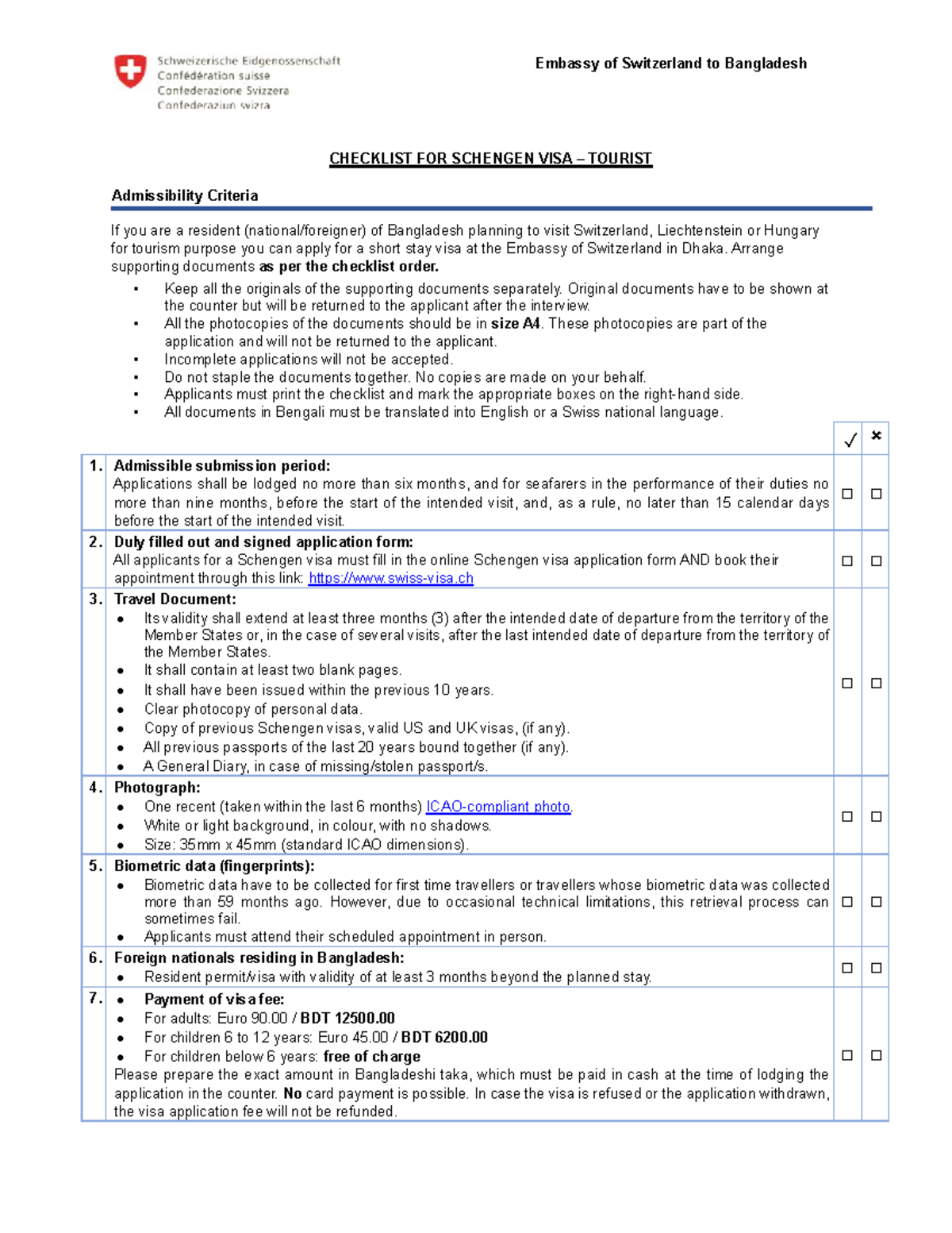 Checklist for Schengen Visa Tourist (SWI 101) - Bangladesh - Studocu