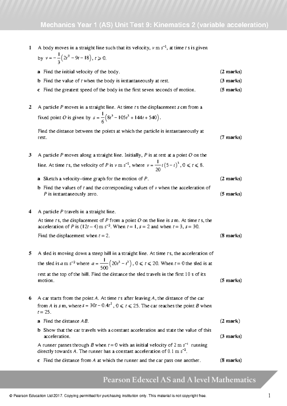19379 AS Mechanics Unit 9 Test: Kinematics with Variable Acceleration ...