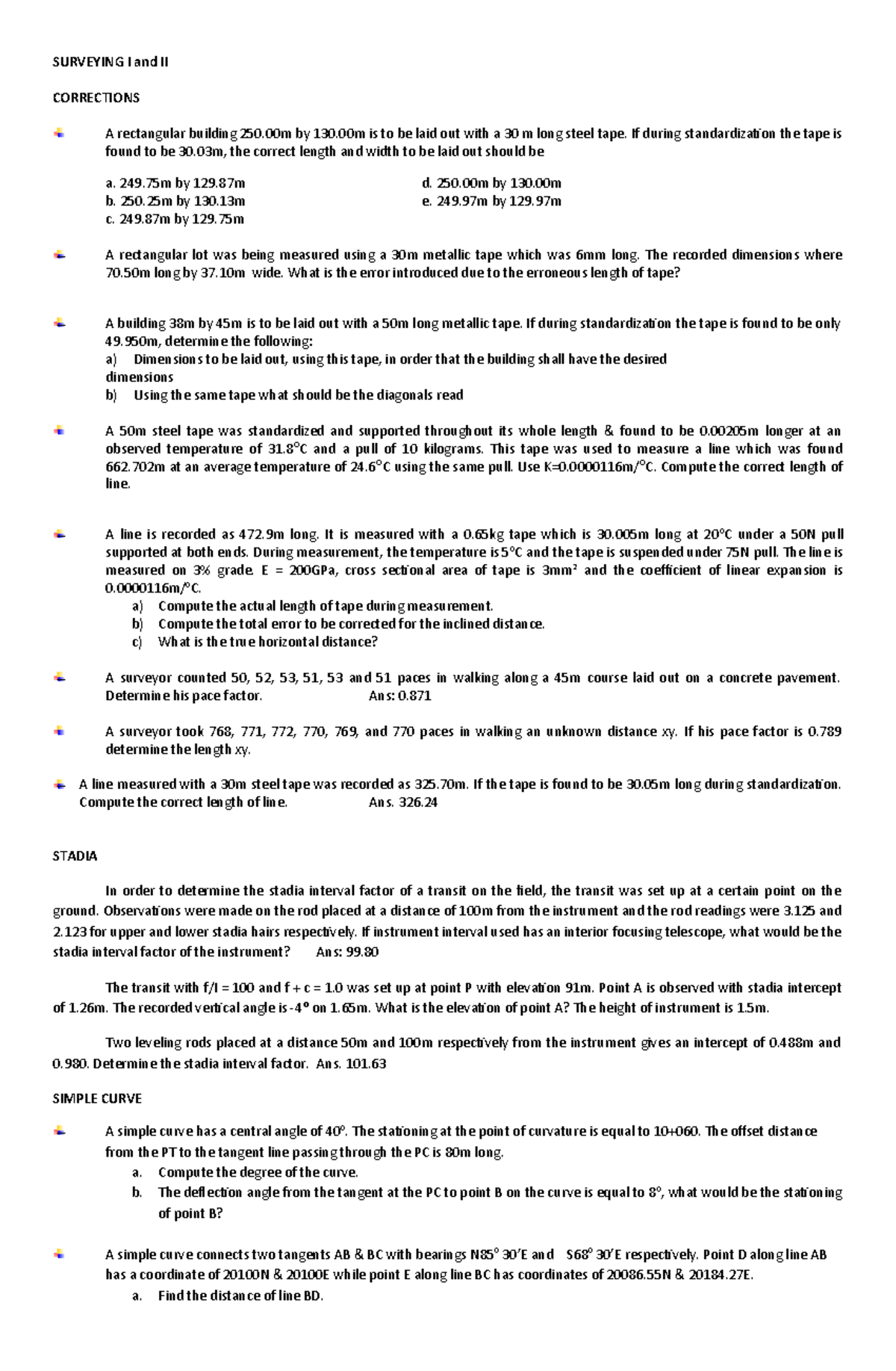 Surveying I & II: Key Concepts and Corrections for Measurements - Studocu