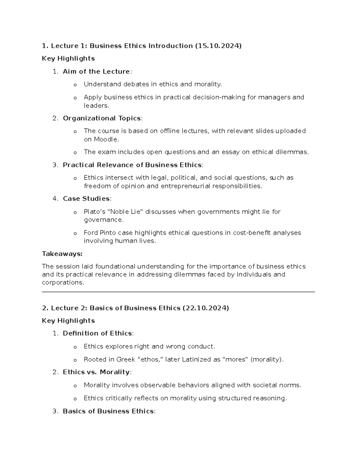 BUS 101: Lecture Summaries on Business Ethics and Moral Decision-Making ...
