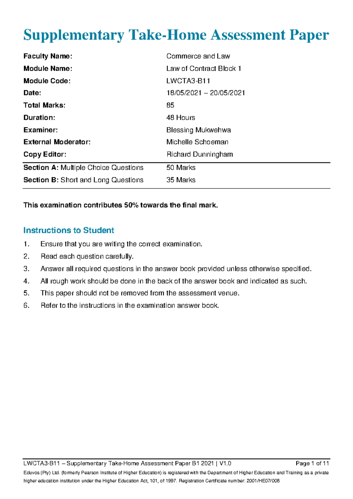 LWCTA3-B11 - Supplementary Take-Home Assessment Paper B1 2021 (V1 ...