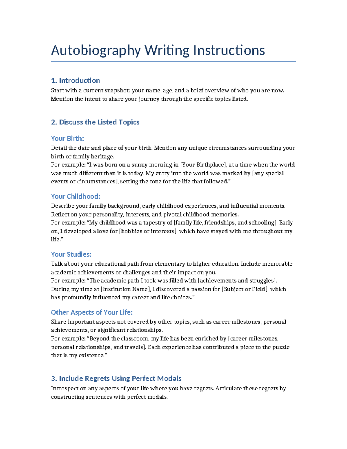 Autobiography Writing Instructions - Introduction Start with a current ...