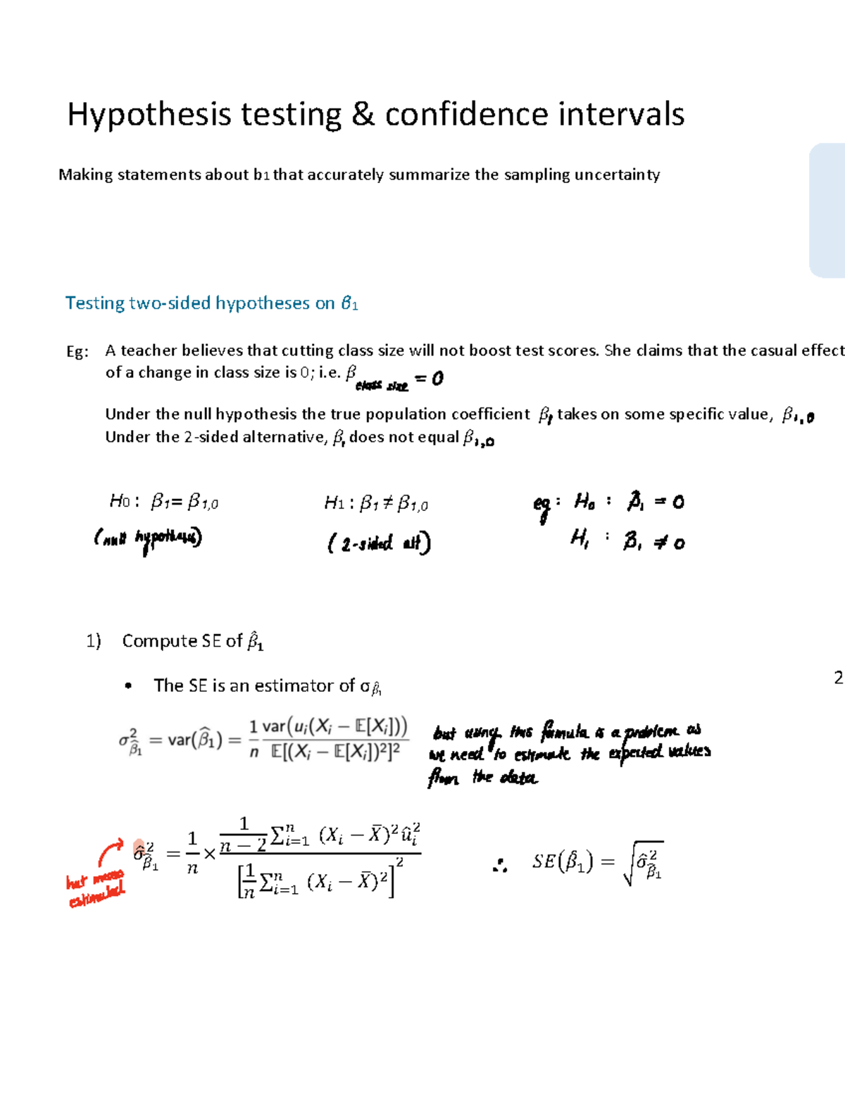 Hypothesis Testing & Confidence Intervals: Analyzing β1 in Class Size ...