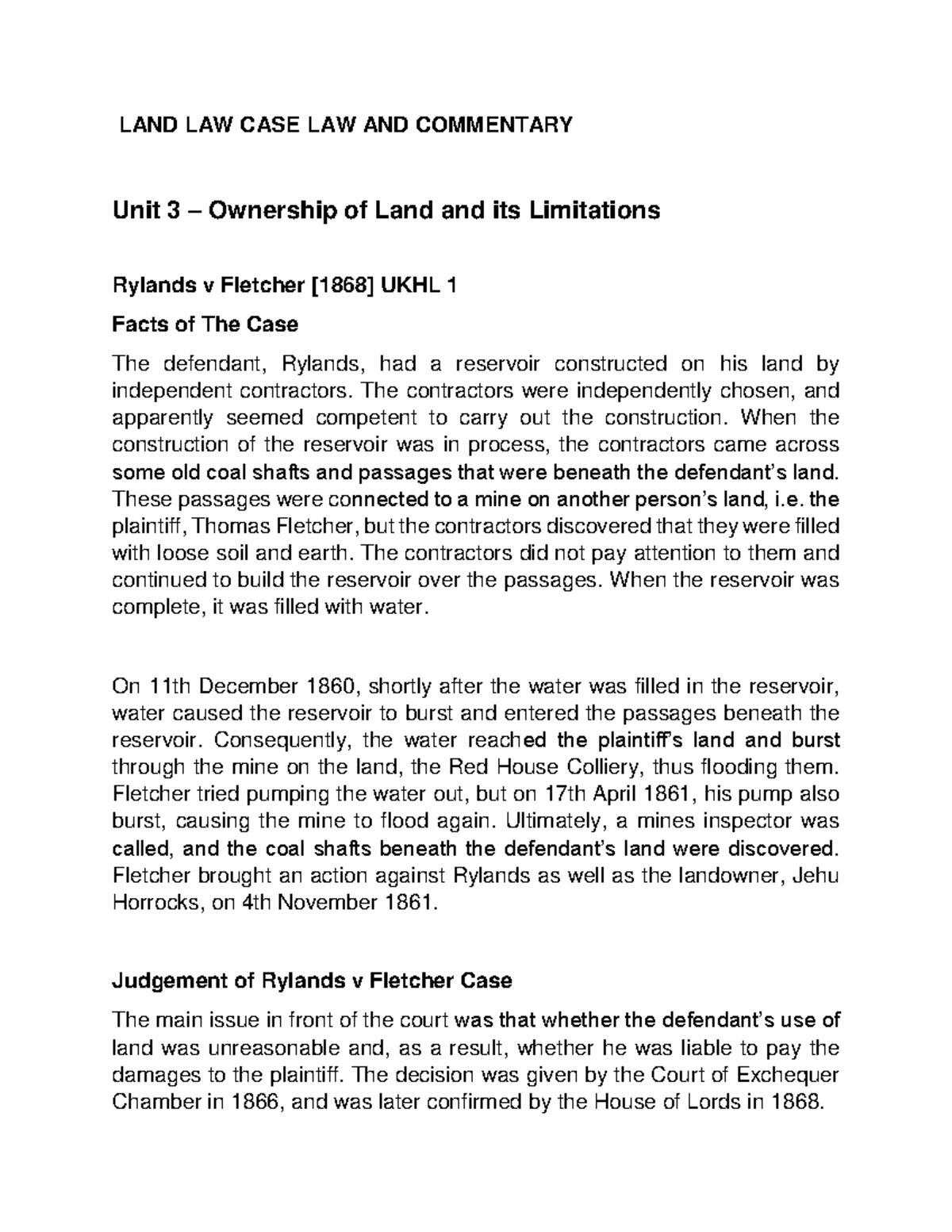 LAND LAW CASE STUDY: Rylands v Fletcher & Other Key Cases (Unit 3 ...