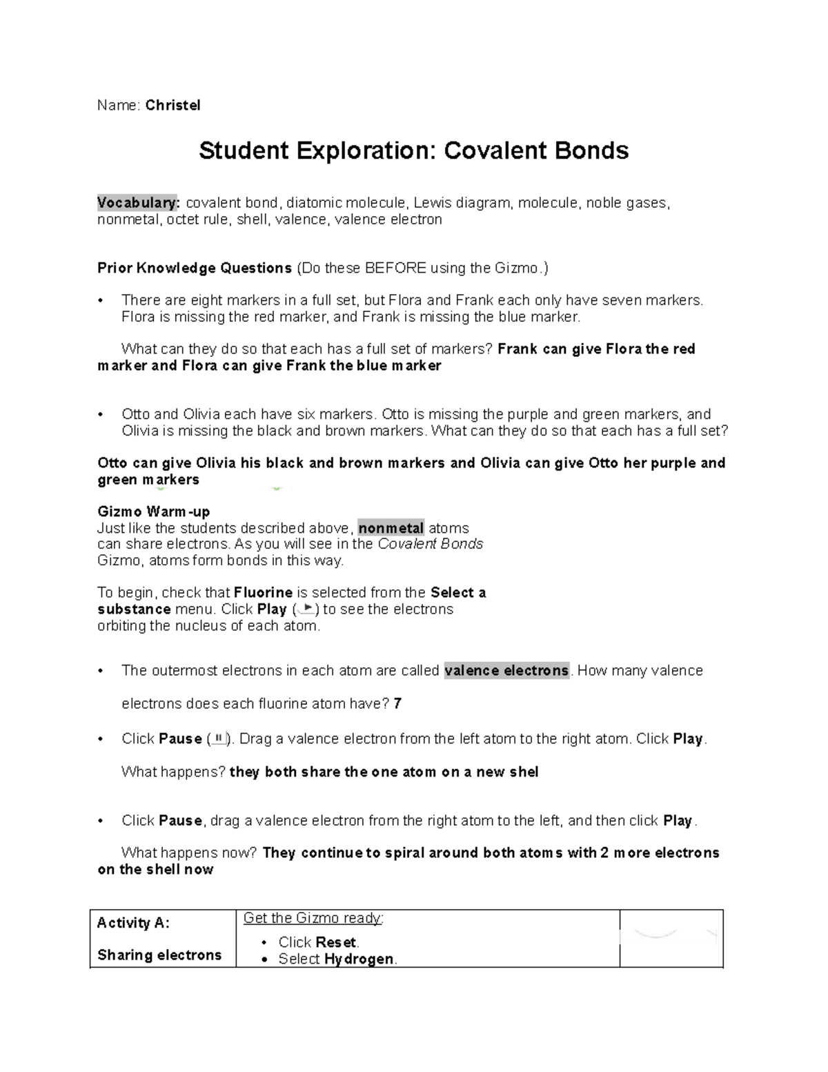 Covalent Bonds Exploration: Gizmo Answer Key (CHEM 101) - Studocu