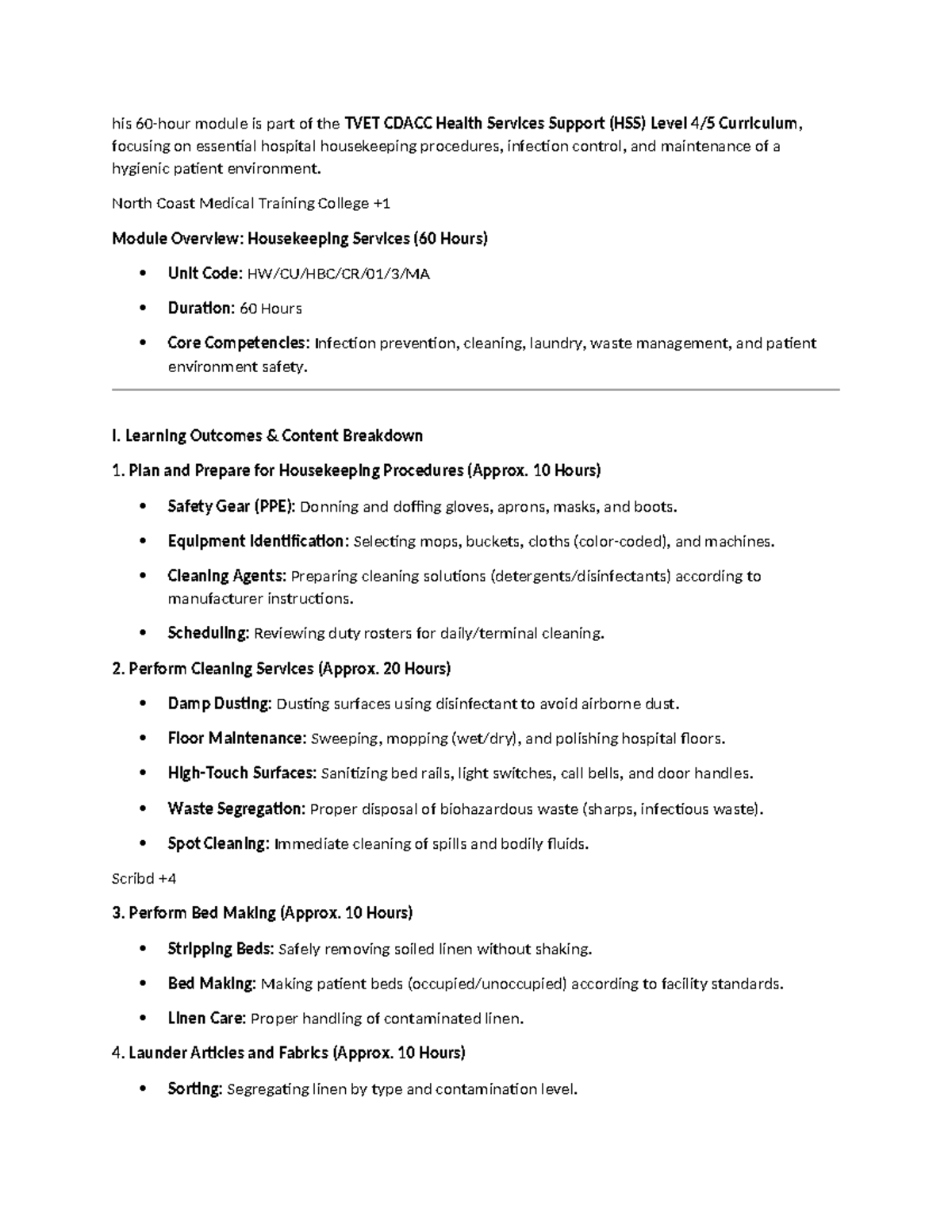 TVET CDACC HSS Module: Housekeeping Services Overview (60 Hours) - Studocu