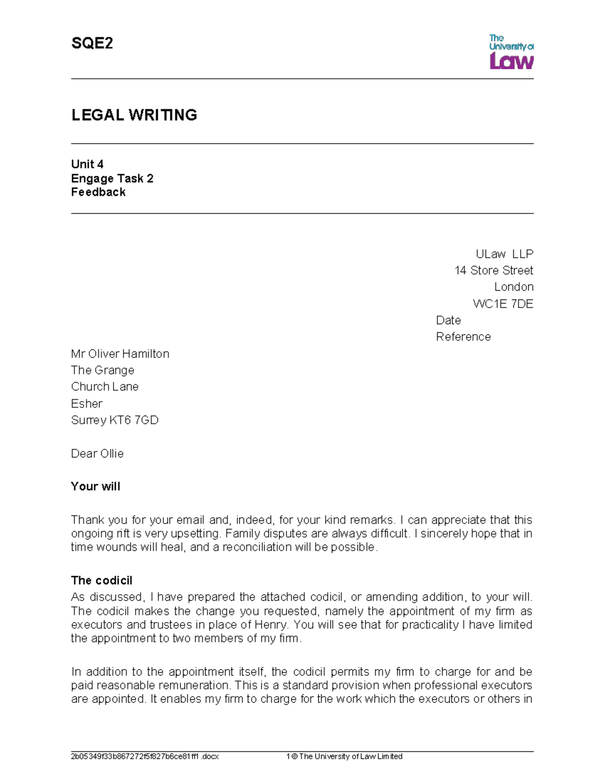 Draft of Codicil Letter to Client - SQE Legal Writing Unit 4 - Studocu