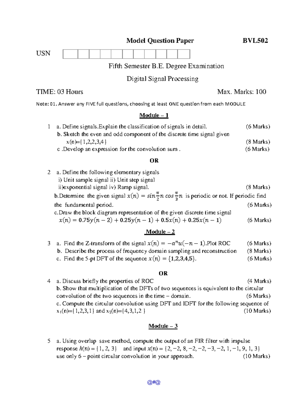 Model Question Paper BVL502: Digital Signal Processing Exam Guide - Studocu