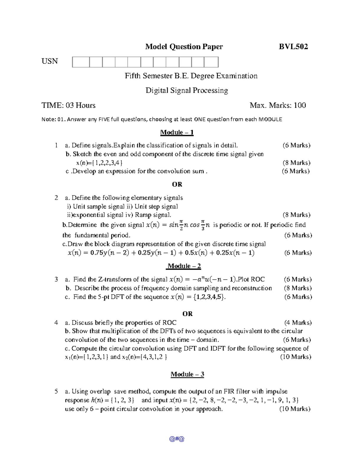 BEC502 Digital Signal Processing Model Question Paper - Studocu