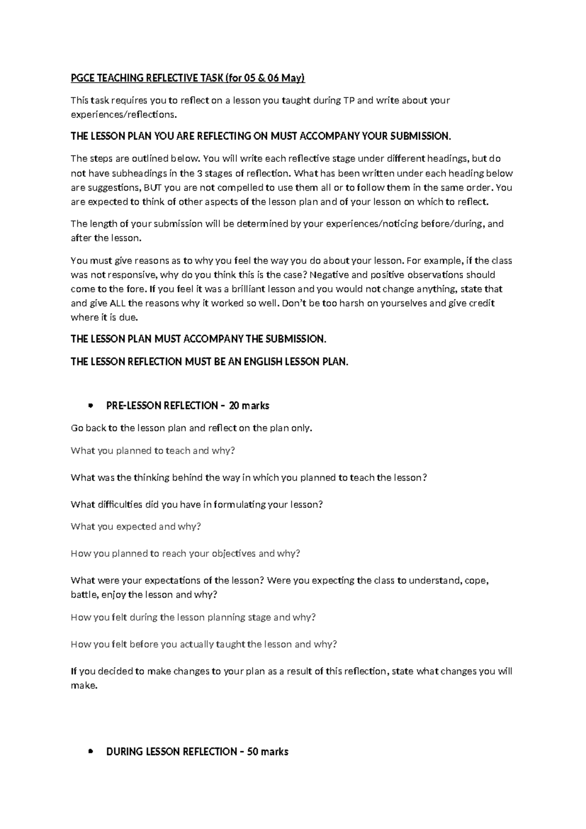 PGCE Reflective Task: Lesson Reflection for May 2026 - Studocu