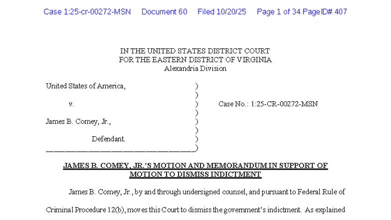 Case No. 407: Motion to Dismiss Indictment - Comey Case Analysis - Studocu