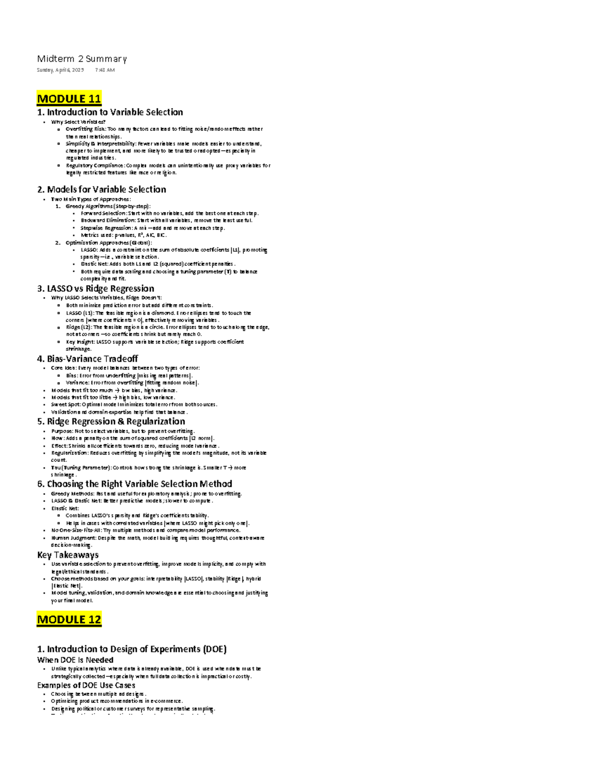 Midterm 2 Summary - SUMMARIES OF LECTURES FROM MODULE 11 TO MODULE 16 ...