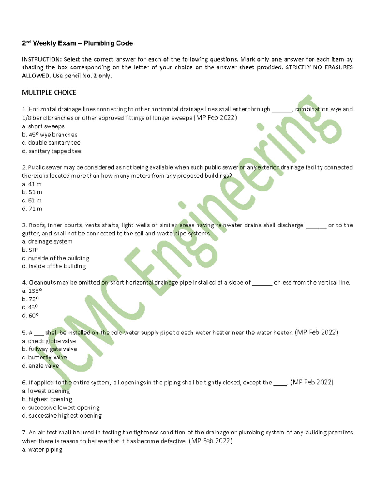 2nd Weekly Exam - Plumbing Code Questions and Answers - Studocu